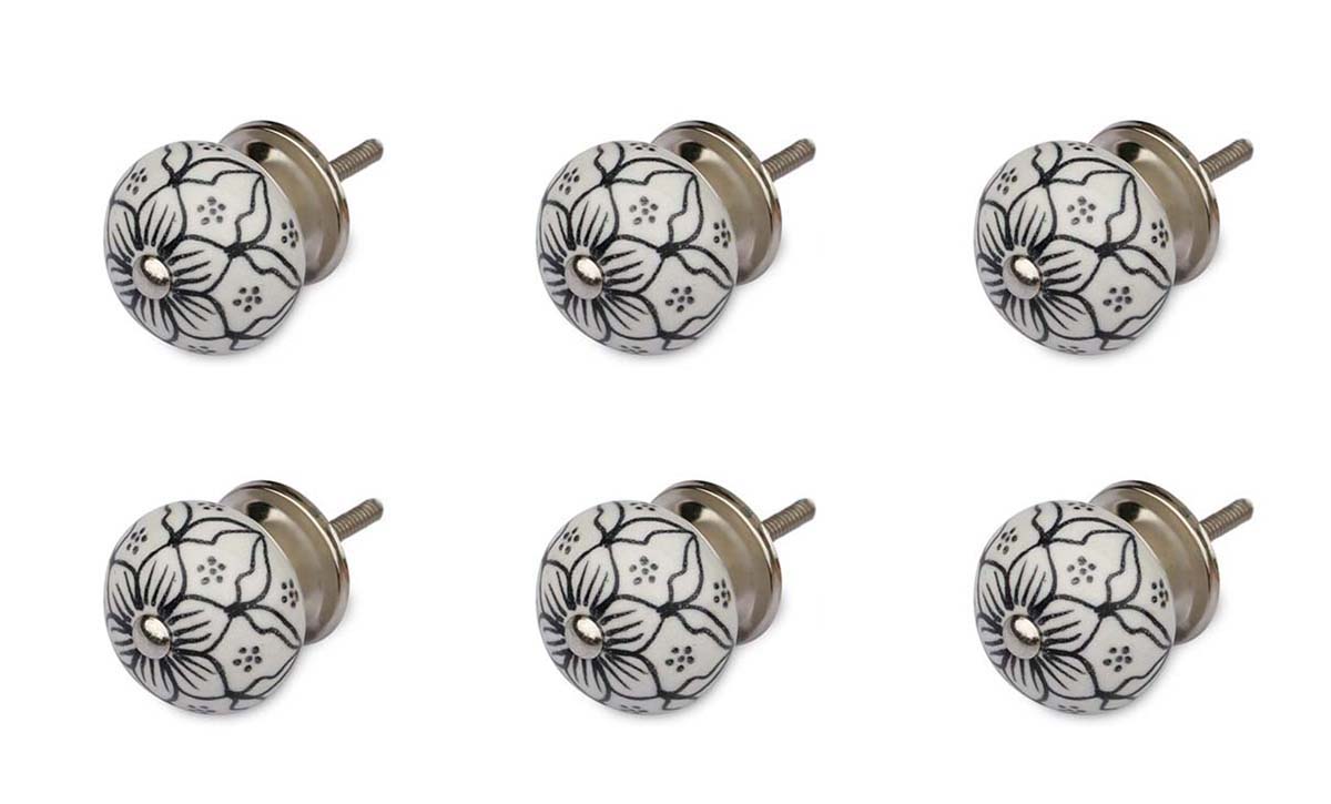 Buy Bulk Wholesale Set of 6 Round Ceramic Knobs – Hand Painted Floral Motif - Black & White - Cabinets & Cupboard Hardware / Dresser Accessories
