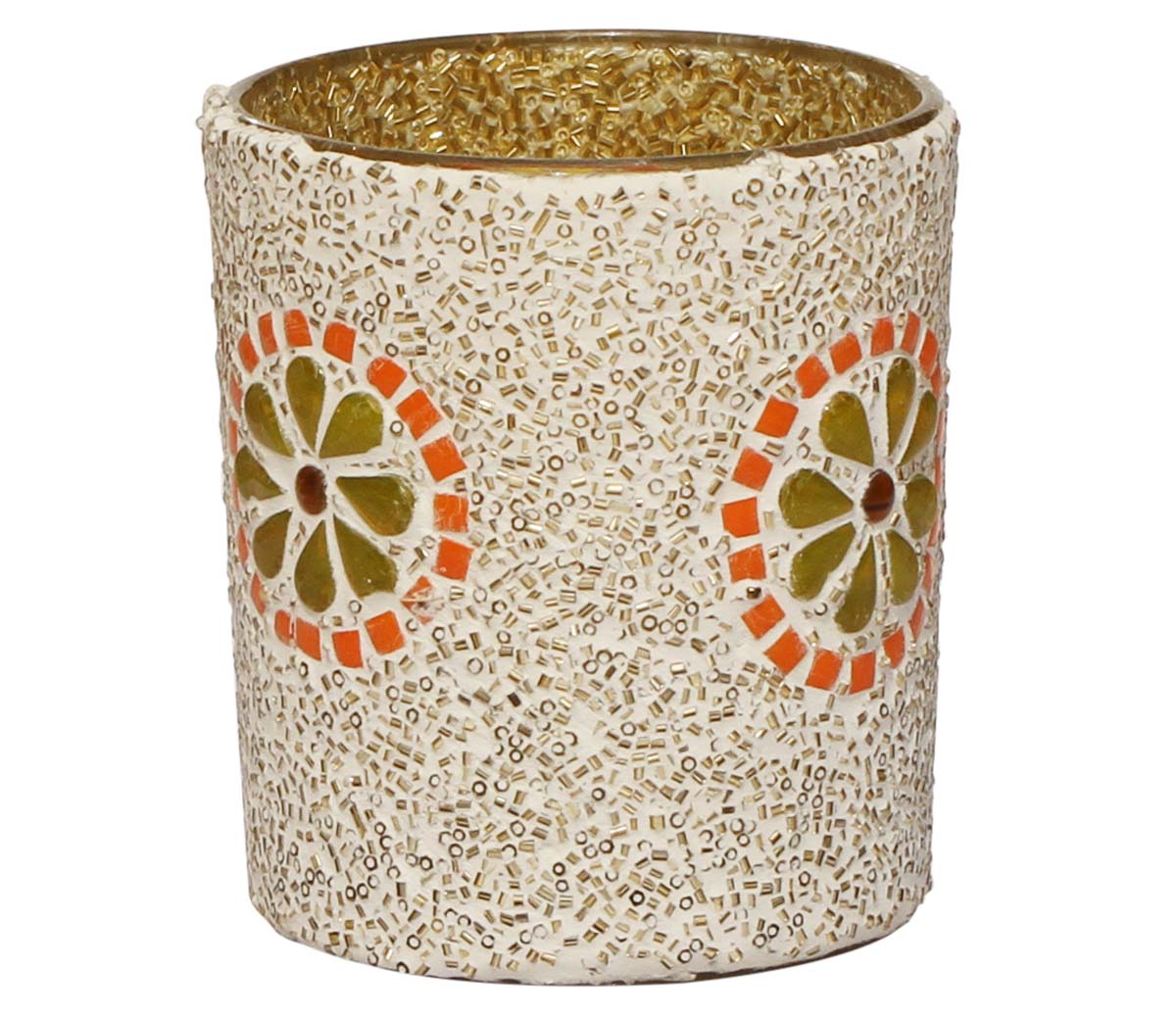  White Nights - Handmade 3.7” White Color Tealight Candle Holder / Votive Candle Stand in Glass & Mosaic Art with Flower Design – Centerpieces / Table Top Accessories – Home Décor   - Buy in Bulk Wholesale