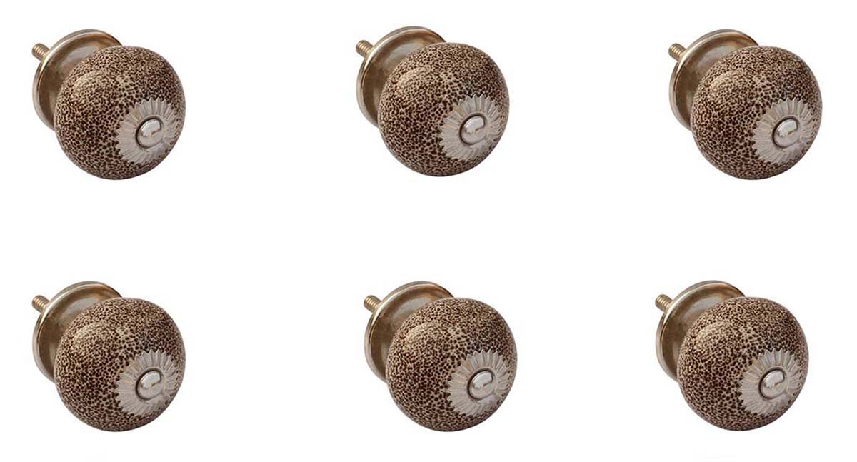 Buy Bulk Wholesale Set of 6 Ceramic Knobs – Hand Painted Brown Color with Speckled Leopard Prints Effect & Metal Detailing - Cabinets & Cupboard Hardware / Dresser Accessories