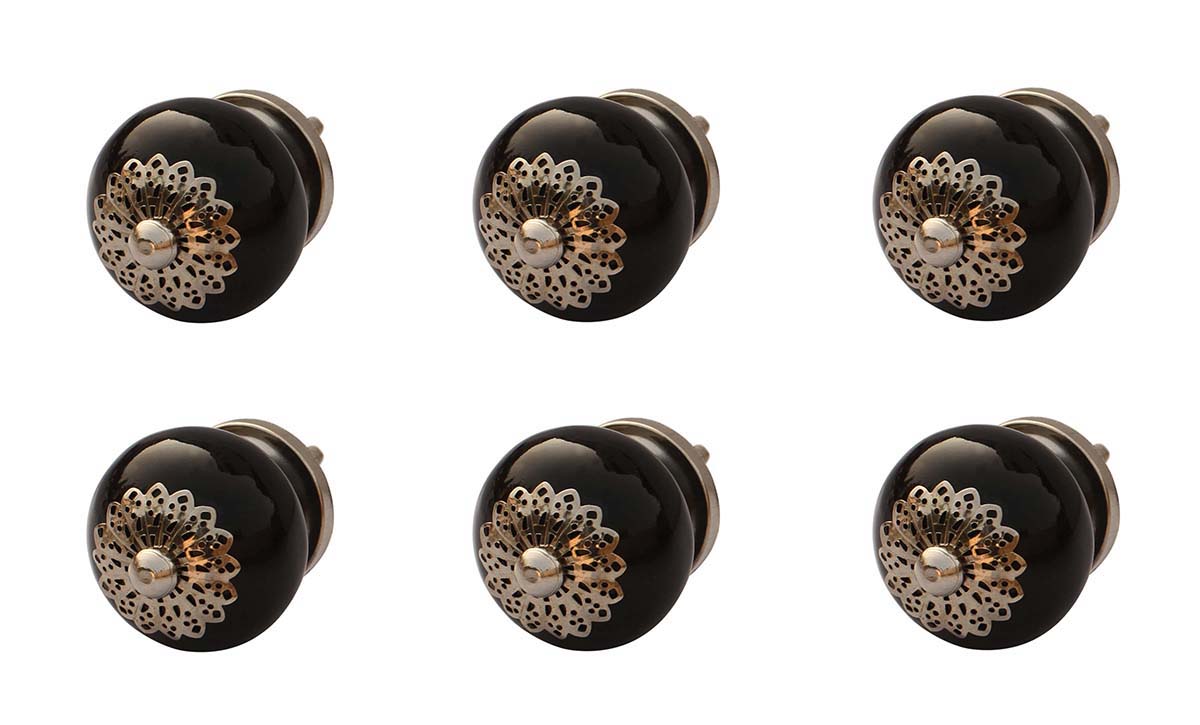 Buy Bulk Wholesale Set of 6 Ceramic Knobs –  Hand Painted Glazed Shiny Black Color & Metal Detailing - Cabinets & Cupboard Hardware / Dresser Accessories