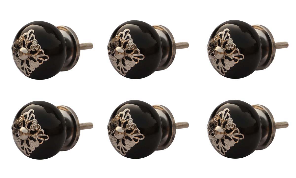 Black Interiors - Set of 6 Handmade Round Shape Black Color Knobs / Pulls in Ceramic & Metal for Drawers / Dressers / Cupboards – Home Décor - Buy in Bulk Wholesale