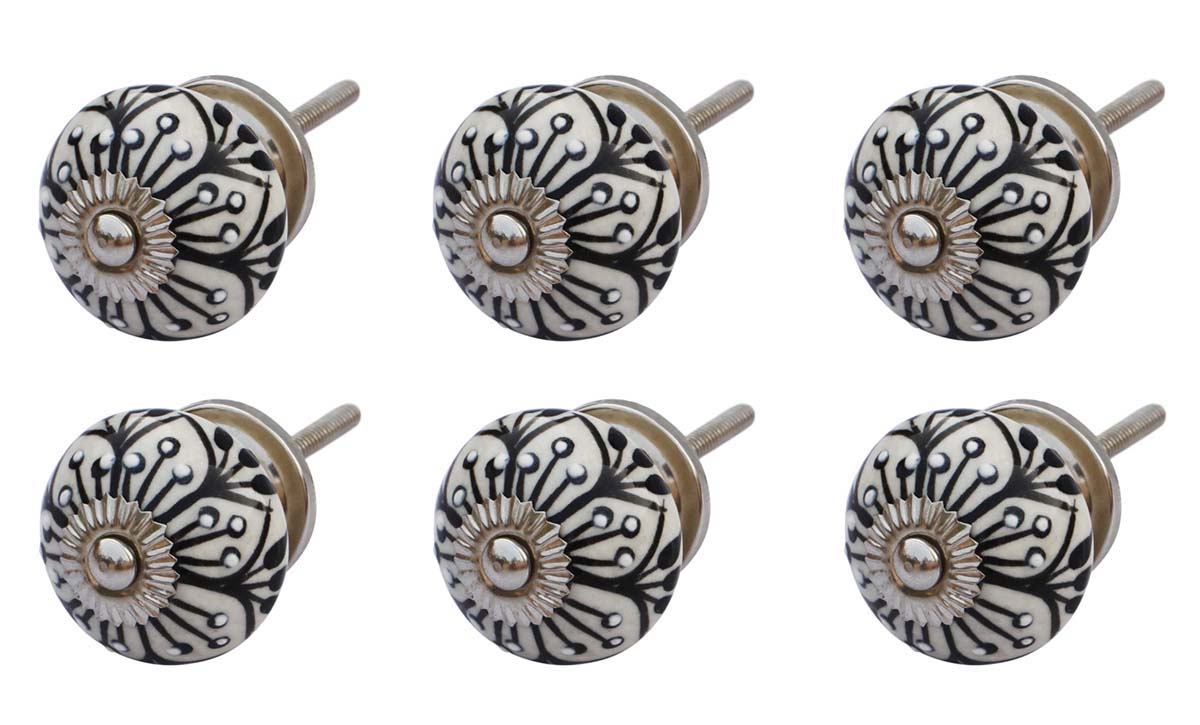 Buy in Bulk Wholesale Set of 6 Handmade Round Shape Ceramic Knobs / Pulls in Black & White Color for Cabinets/Drawers/Dressers - Ethnic-Look Home Decor Accessories