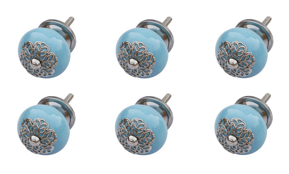 Royal Charms - Set of 6 Handmade Drawer Knobs / Pulls / Cabinet Handles in Ceramic – Pastel Blue Cupboard Knobs with Attached Hardware - Buy in Bulk Wholesale