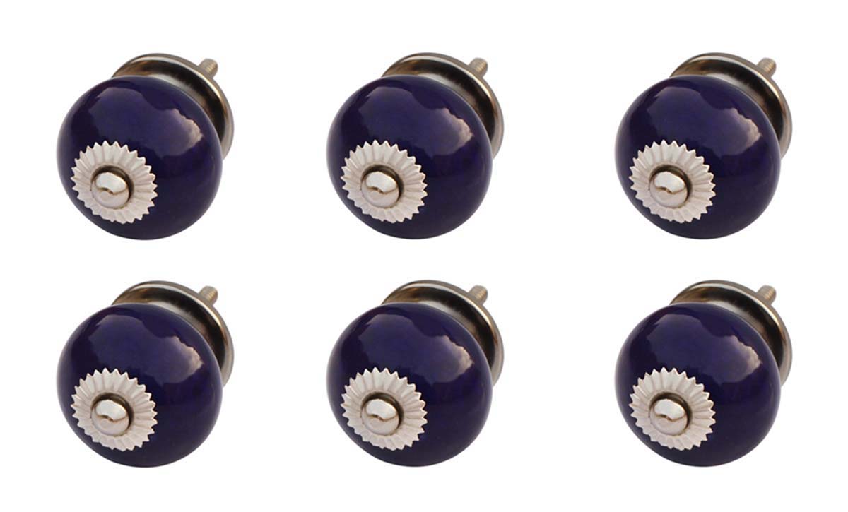 Ceramic Drawer Knobs –  Set of 6 Round Hand Painted Cobalt Blue Cabinet Knobs With Metal Detailing & Attached Hardware - Cabinets & Cupboard Hardware / Dresser Accessories - Buy in Bulk Wholesale