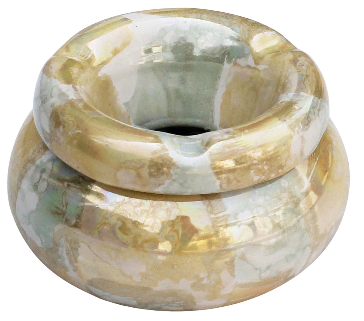 Bulk Wholesale Ceramic Ashtray with Lid - Round Handmade Metallic-Sheen Glaze - Yellow Aqua Green - Smoke Ash Catcher with 3 Cigarette Slots