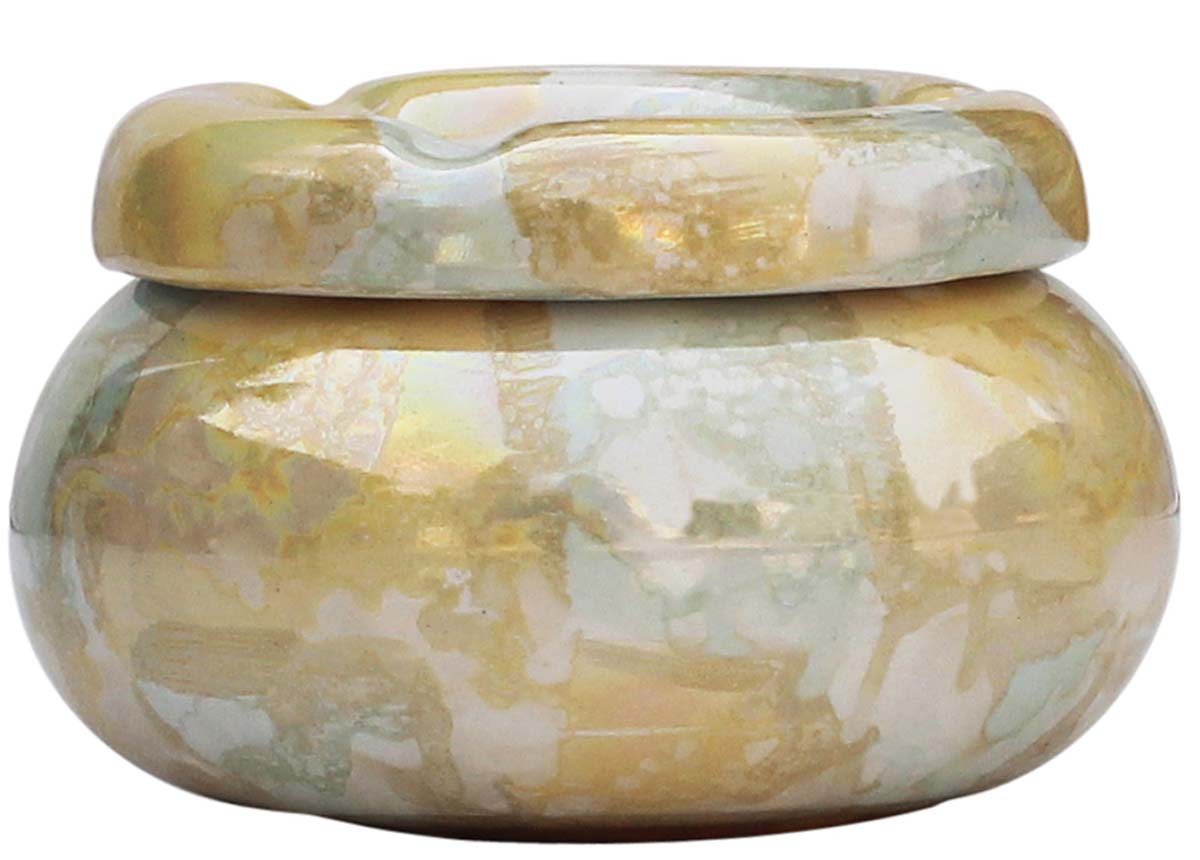 Bulk Wholesale Ceramic Ashtray with Lid - Round Handmade Metallic-Sheen Glaze - Yellow Aqua Green - Smoke Ash Catcher with 3 Cigarette Slots