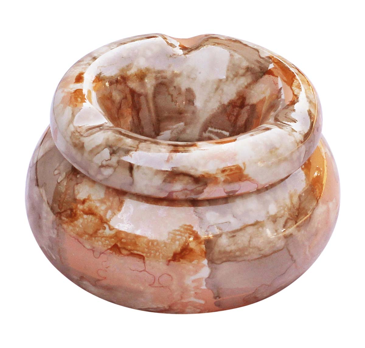 Bulk Wholesale Round Handmade Ceramic Ashtray with Lid - Metallic-Sheen Glaze - Orange & Sand Brown - Smoke Ash Catcher with 3 Cigarette Slots