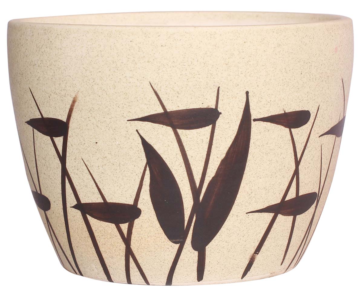 Small Round Ceramic Planter - Hand-Painted Beige & Black - Contemporary Flora Pattern & Mottled / Marble Finish - Garden / Patio / Indoor / Outdoor Decor Accessories & Supplies - Buy in Bulk Wholesale