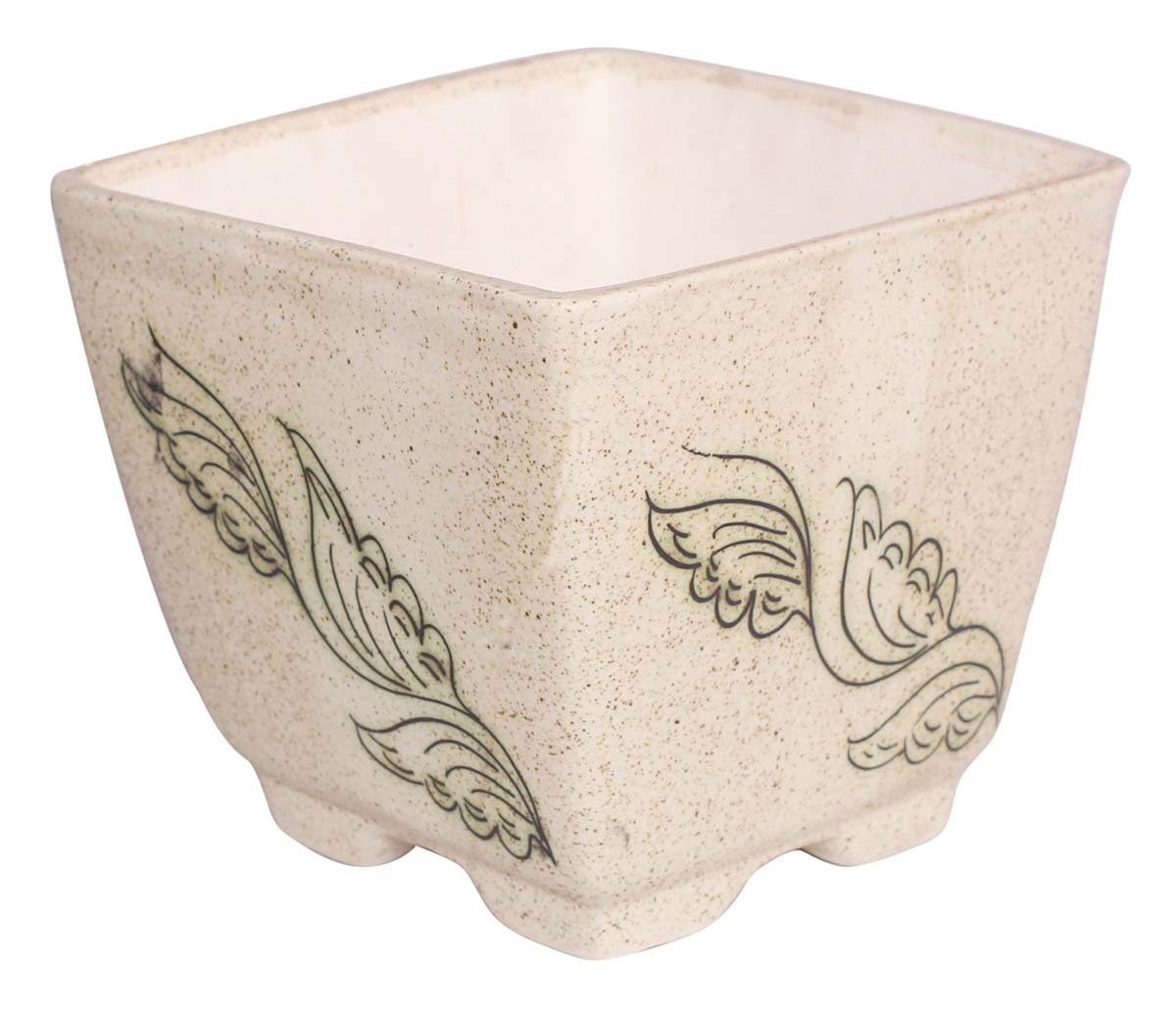 5.5” Ceramic Planter - Hand-Painted Beige Mottled / Marble Finish & Contemporary Green Leaf Motifs - Garden / Patio / Indoor / Outdoor Decor Accessories & Supplies - Buy in Bulk Wholesale
