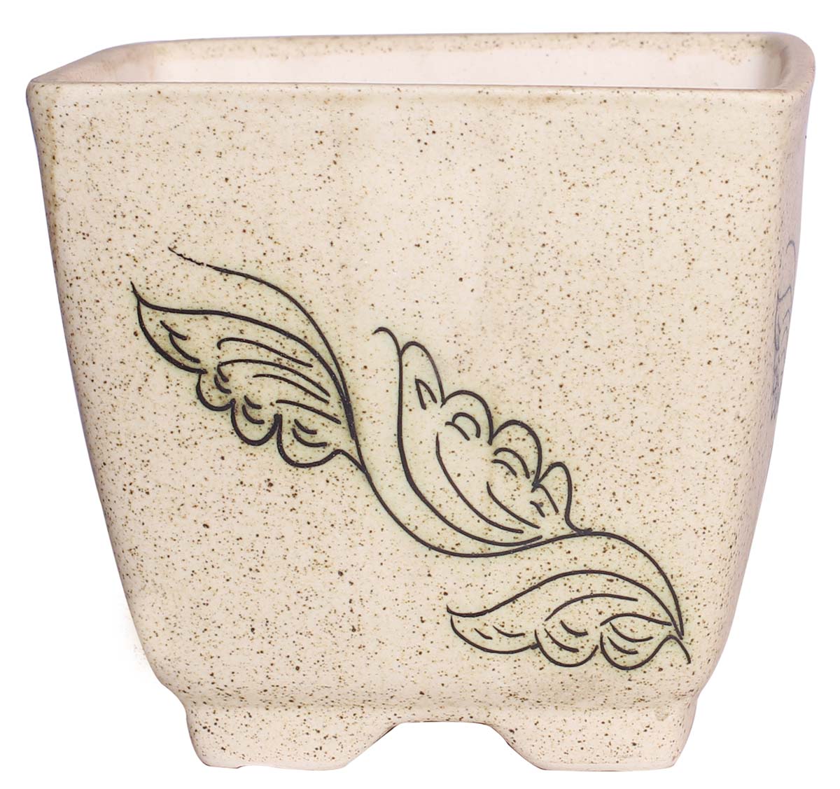 5.5” Ceramic Planter - Hand-Painted Beige Mottled / Marble Finish & Contemporary Green Leaf Motifs - Garden / Patio / Indoor / Outdoor Decor Accessories & Supplies - Buy in Bulk Wholesale