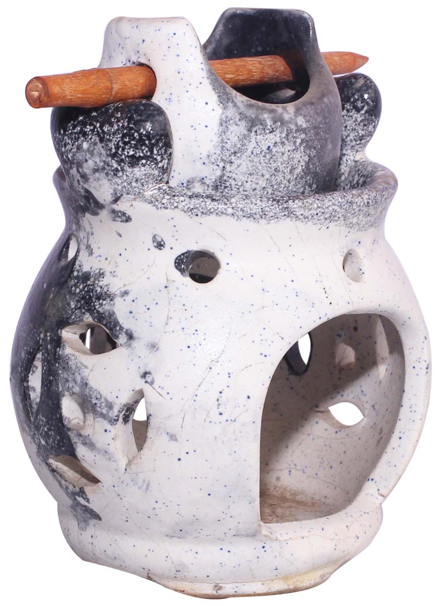 Ancient Lantern-Shaped Ceramic Oil Diffuser with Receptacle Cup & Stick - Aromatherapy Oil Warmer / Burner - Distressed Black & White - Home Decor - Buy in Bulk Wholesale