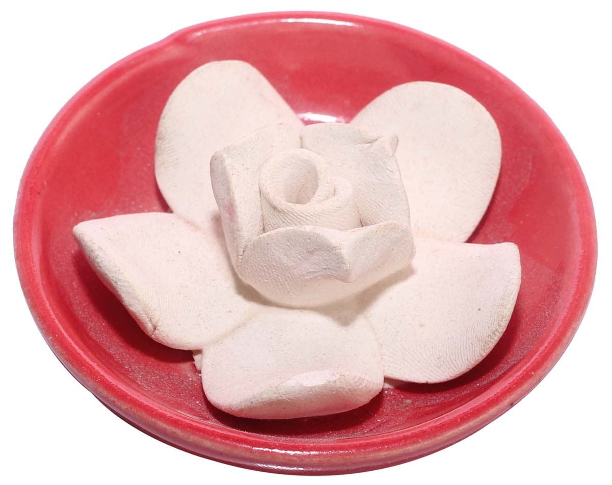 Ceramic Incense Holder - White Floral Appliqué On A Red Saucer - Aromatic Solutions & Accessories - Buy in Bulk Wholesale
