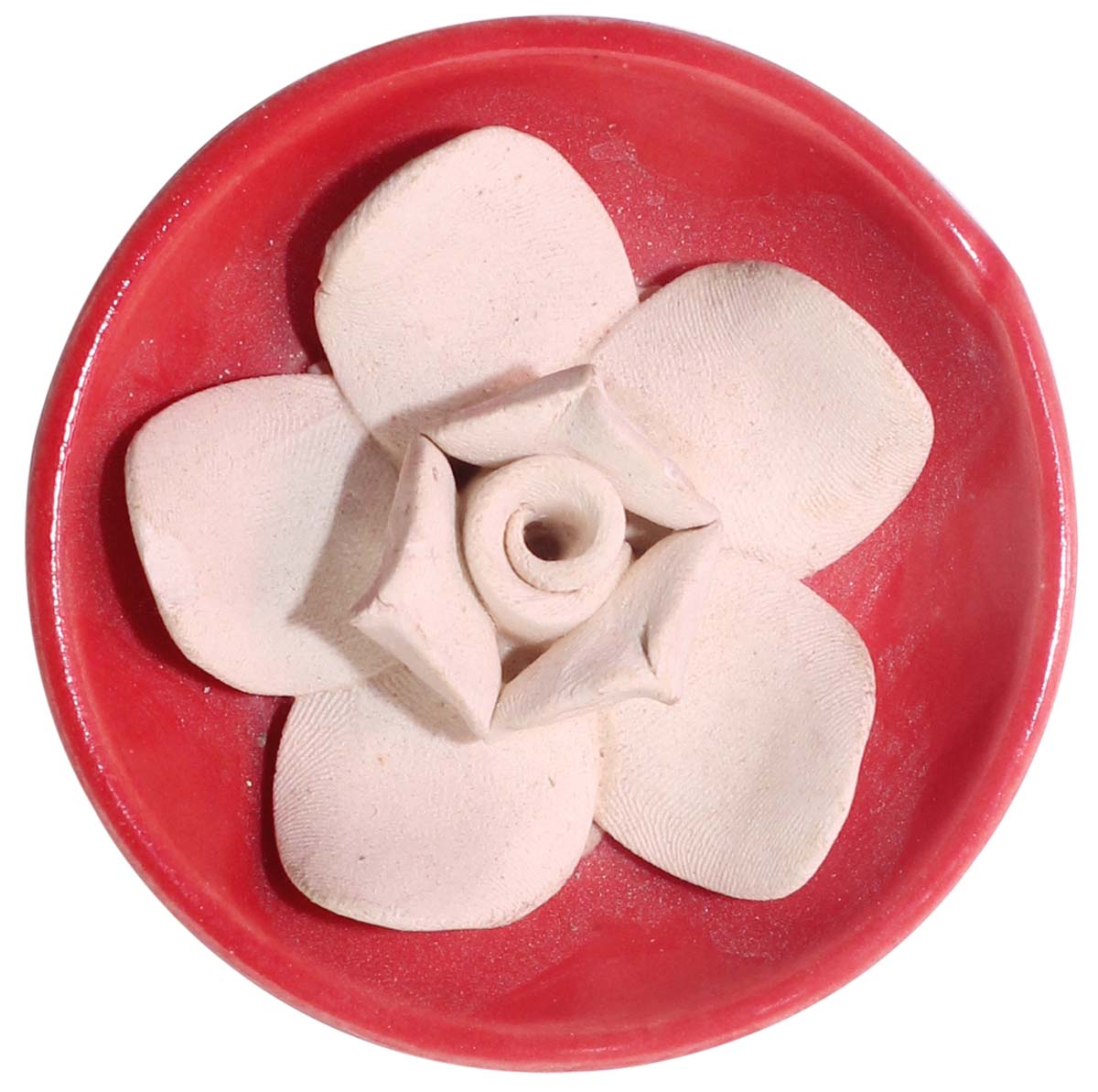 Ceramic Incense Holder - White Floral Appliqué On A Red Saucer - Aromatic Solutions & Accessories - Buy in Bulk Wholesale