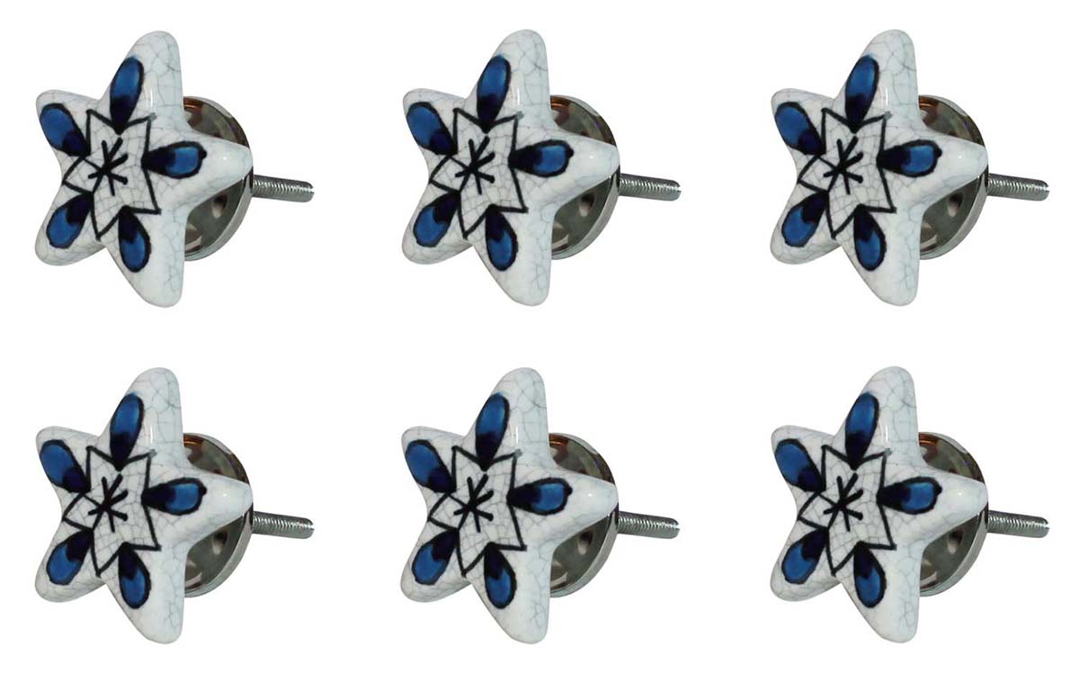 Bulk Wholesale Chunky Sea Star Cupboard Knobs Set of 6 – Crackle-Glazed – Blue Black & White – Cabinets & Cupboard Hardware / Dresser Accessories
