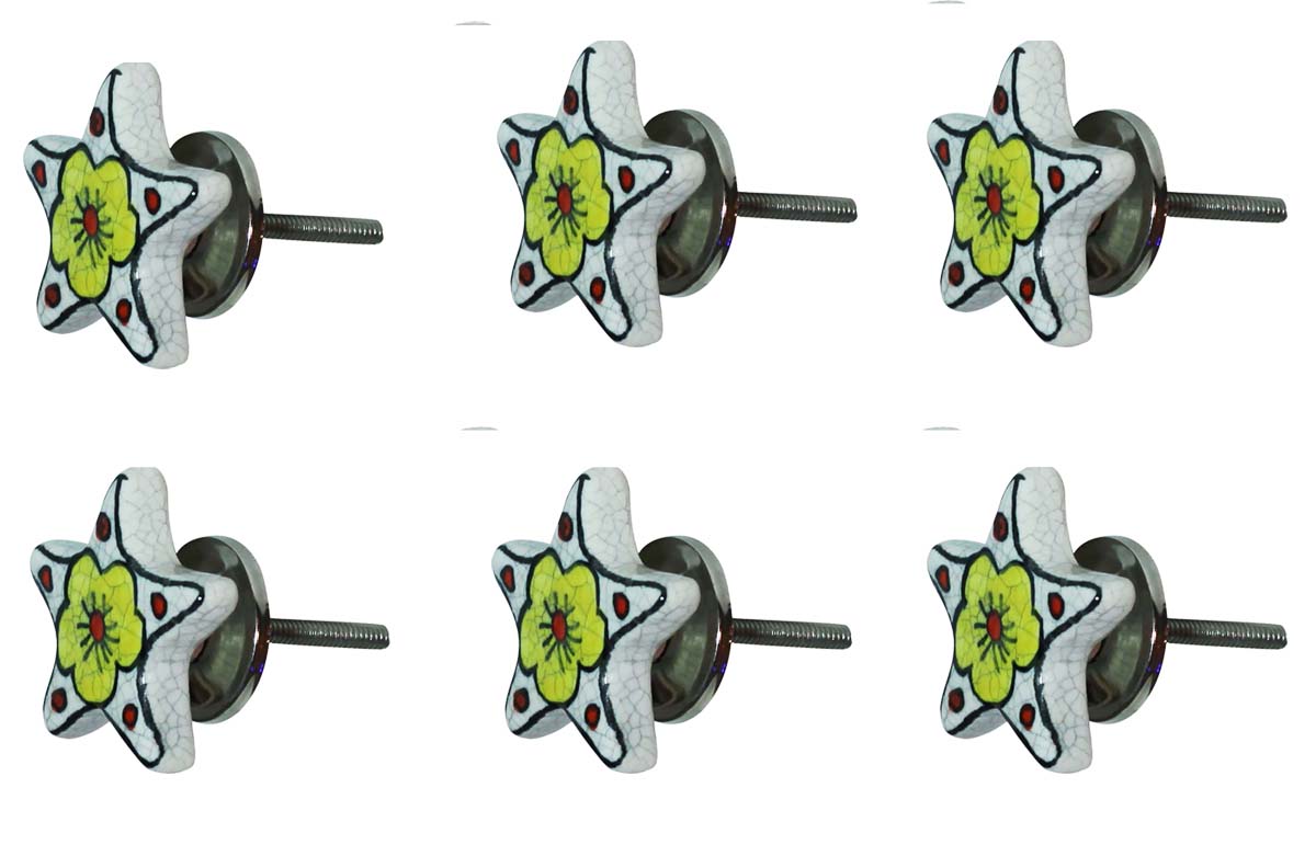 Bulk Wholesale Chunky Star Cupboard Knobs Set of 6 – Black & White Crackle-Glazed – Neon Green Floral Motif – Cabinets & Cupboard Hardware / Dresser Accessories