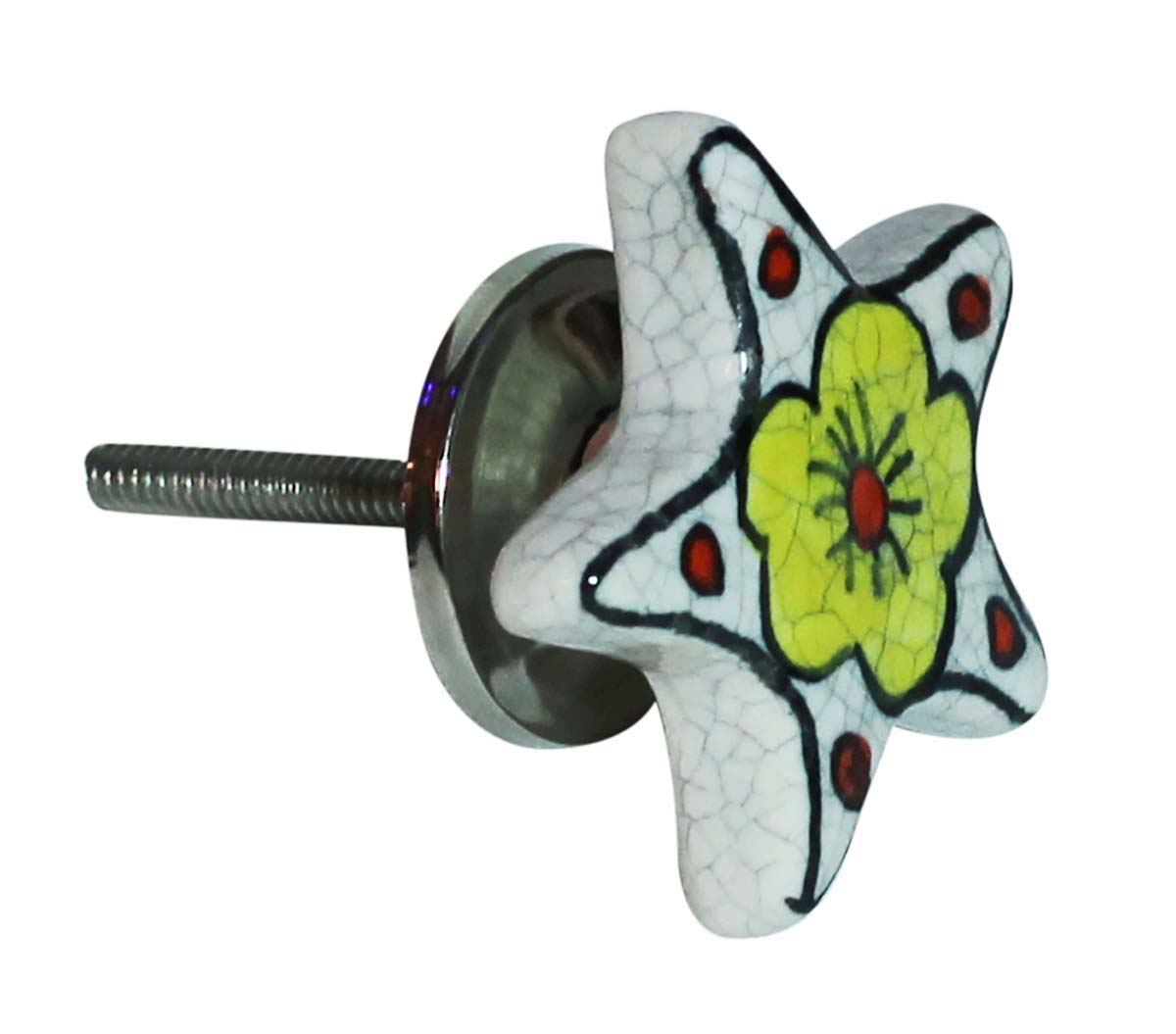 Bulk Wholesale Chunky Star Cupboard Knobs Set of 6 – Black & White Crackle-Glazed – Neon Green Floral Motif – Cabinets & Cupboard Hardware / Dresser Accessories