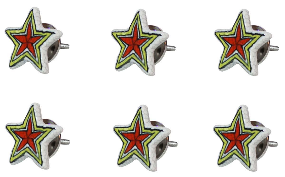Bulk Wholesale Set of 6 Chunky Star Cupboard Knobs –  Black & White Crackle-Glazed – Neon Green & Red Star Motif – Cabinets & Cupboard Hardware / Dresser Accessories
