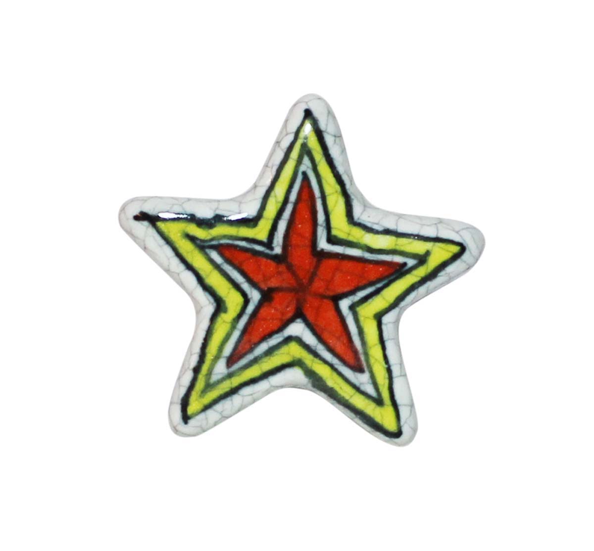 Bulk Wholesale Set of 6 Chunky Star Cupboard Knobs –  Black & White Crackle-Glazed – Neon Green & Red Star Motif – Cabinets & Cupboard Hardware / Dresser Accessories