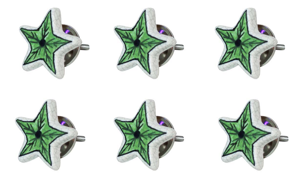 Bulk Wholesale Set of 6 Happy Star Cupboard Knobs – Black & White Crackle-Glazed – Green Fern – Cabinets & Cupboard Hardware / Dresser Accessories