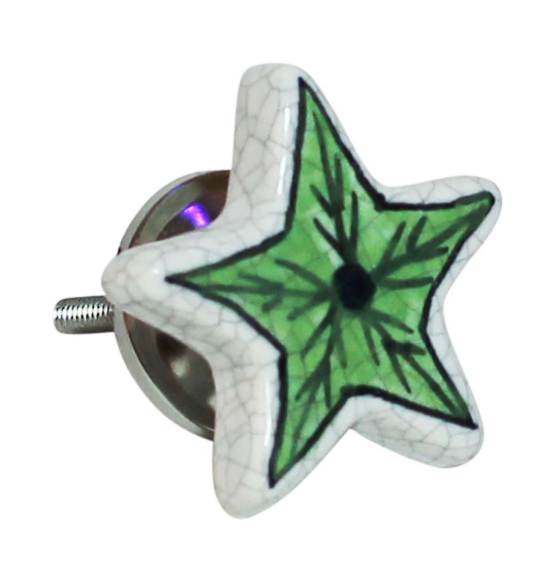 Bulk Wholesale Set of 6 Happy Star Cupboard Knobs – Black & White Crackle-Glazed – Green Fern – Cabinets & Cupboard Hardware / Dresser Accessories