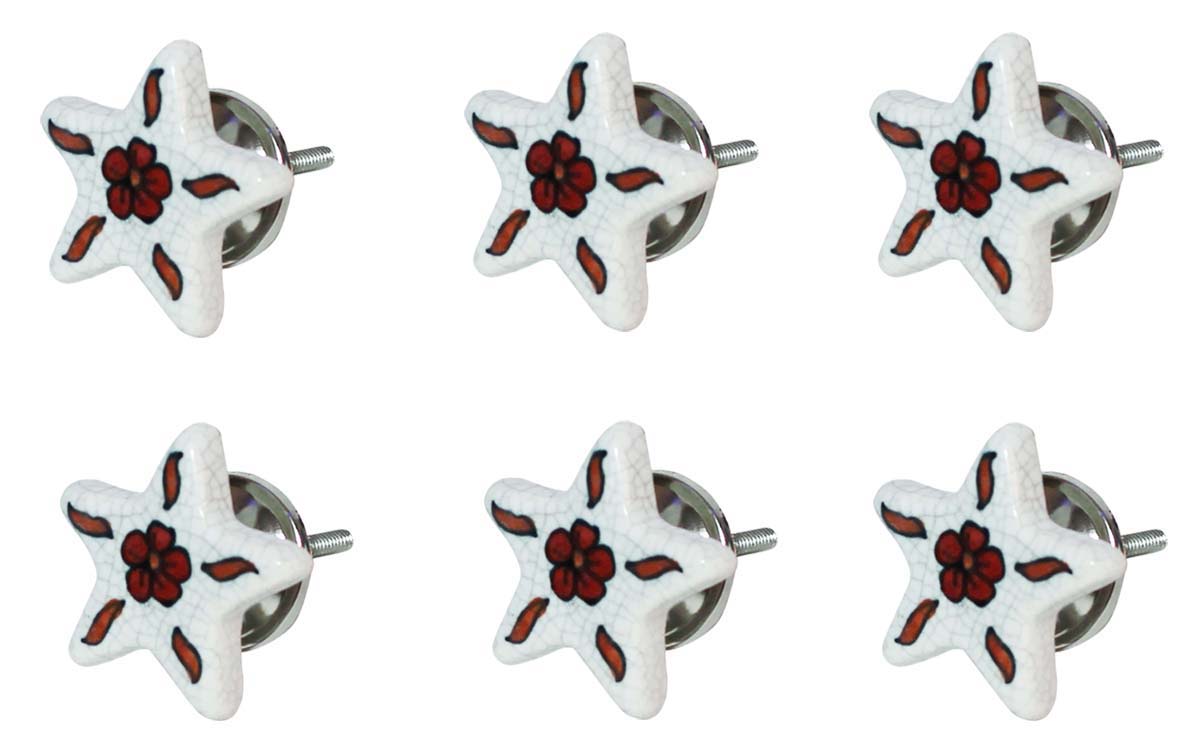 Bulk Wholesale Set of 6 Floral Star Cupboard Knobs – Black & White Crackle-Glazed – Red Floral Motif – Cabinets & Cupboard Hardware / Dresser Accessories