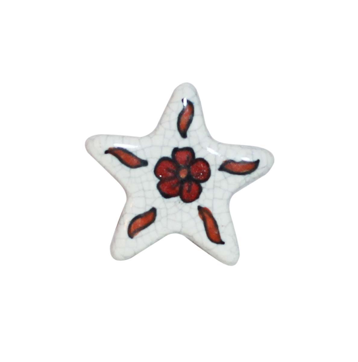 Bulk Wholesale Set of 6 Floral Star Cupboard Knobs – Black & White Crackle-Glazed – Red Floral Motif – Cabinets & Cupboard Hardware / Dresser Accessories