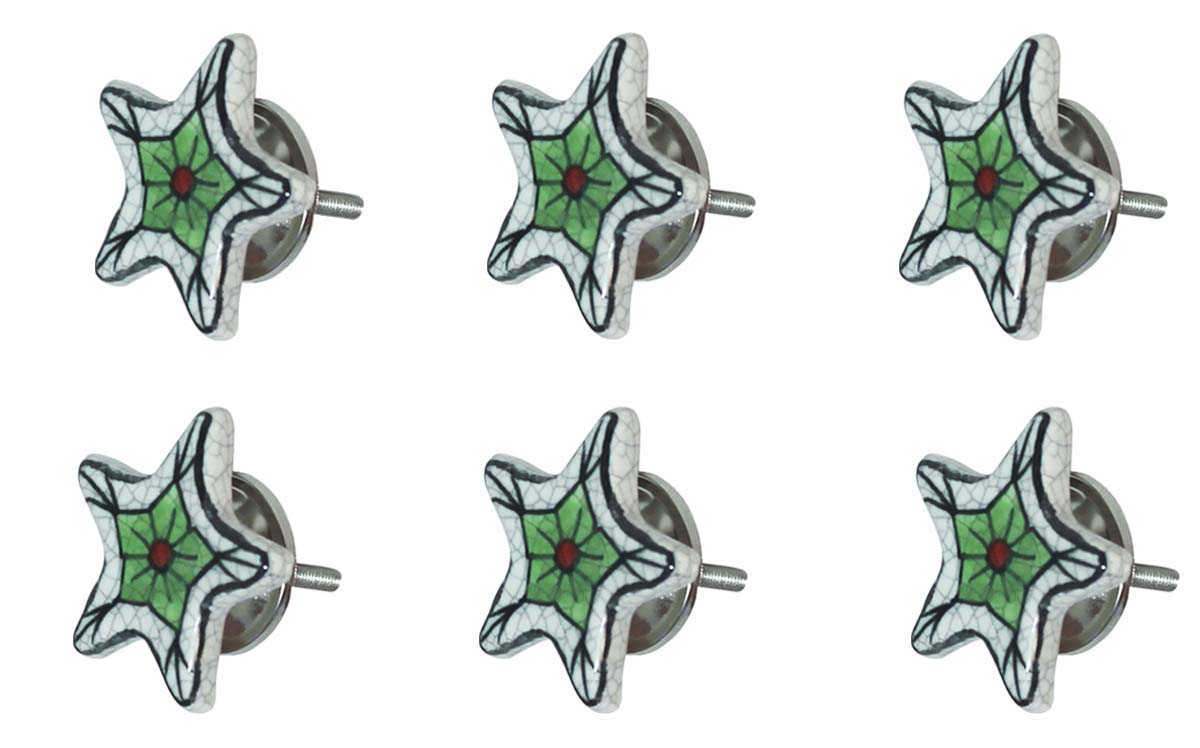Bulk Wholesale Set of 6 Twinkle Star Cupboard Knobs – Black & White Crackle-Glazed – Green & Red – Cabinets & Cupboard Hardware / Dresser Accessories