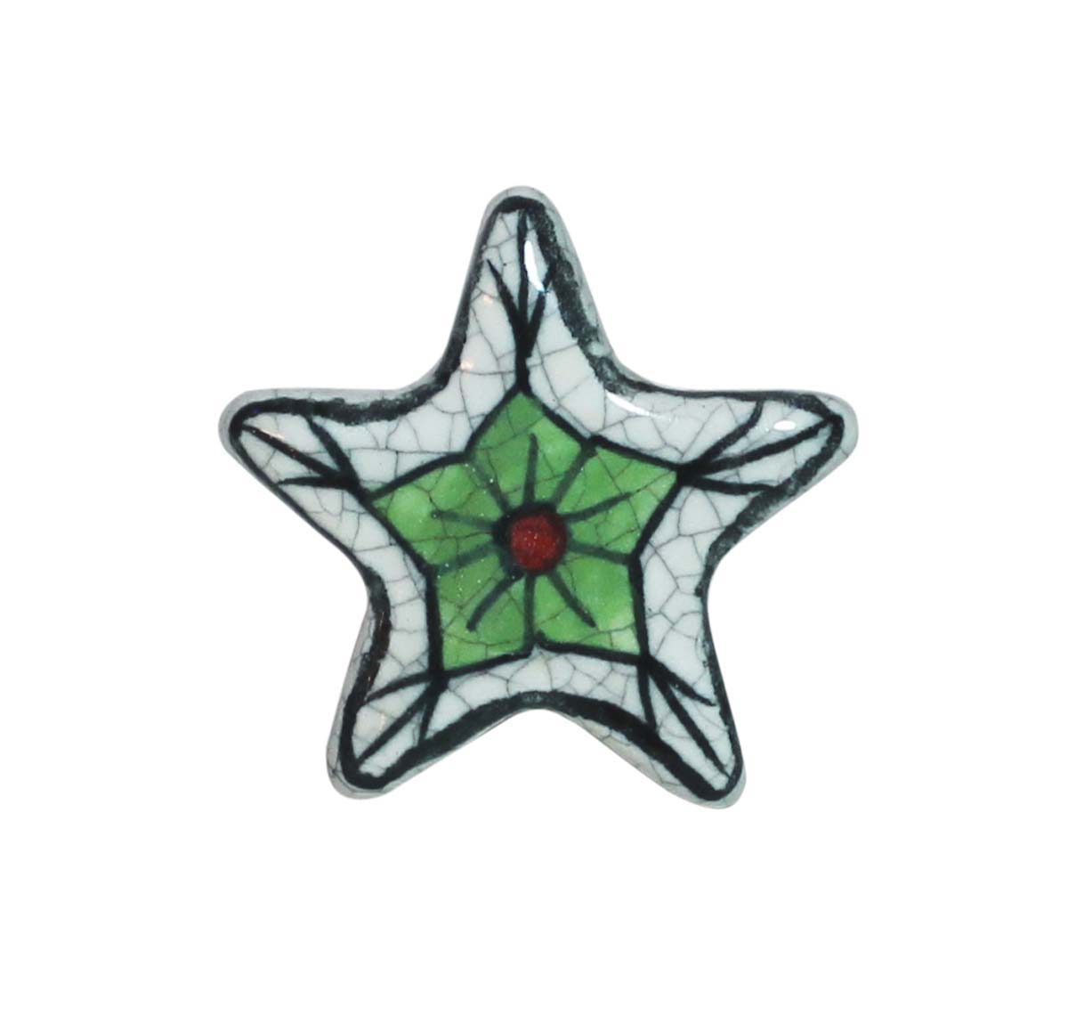 Bulk Wholesale Set of 6 Twinkle Star Cupboard Knobs – Black & White Crackle-Glazed – Green & Red – Cabinets & Cupboard Hardware / Dresser Accessories
