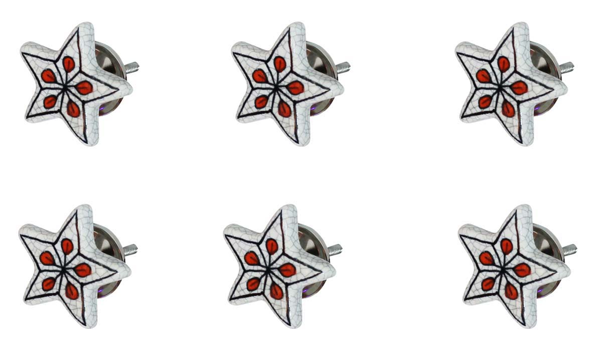 Bulk Wholesale Set of 6 Leafy Red Star Cupboard Knobs –  Black & White Crackle-Glazed – Cabinets & Cupboard Hardware / Dresser Accessories