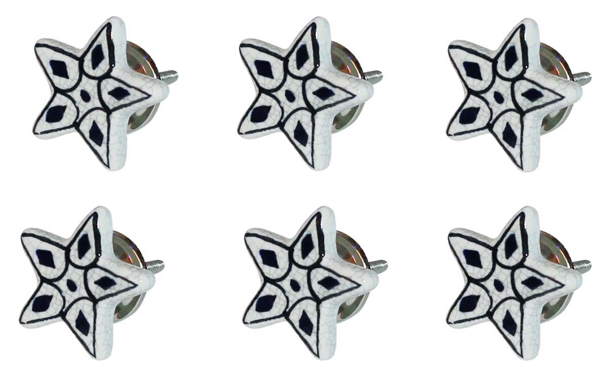 Bulk Wholesale Set of 6 Chunky Star Cupboard Knobs – Crackle-Glazed – Black & White – Cabinets & Cupboard Hardware / Dresser Accessories