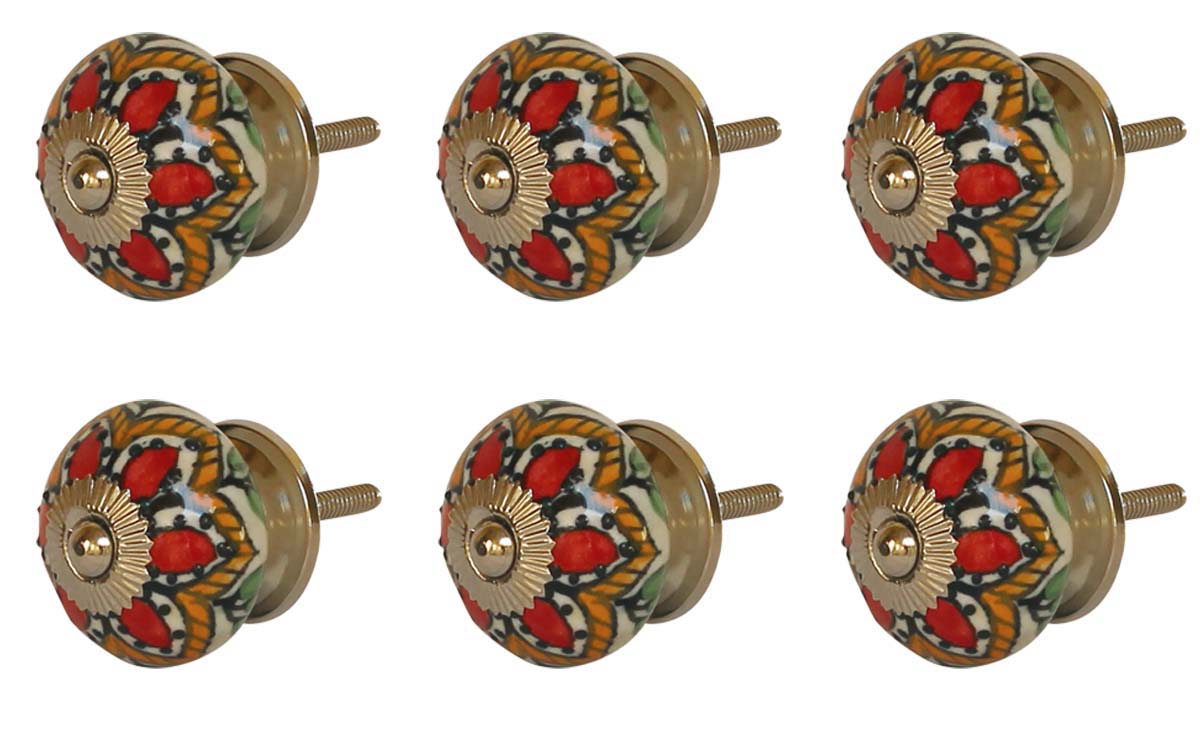 Bulk Wholesale Set of 6 Colorful Floral Motif Round Cupboard Knobs – Cabinets & Cupboard Hardware / Dresser Accessories