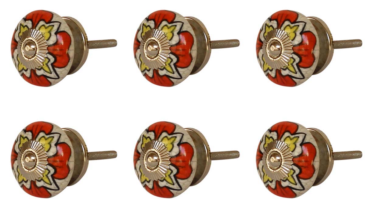 Bulk Wholesale Floral Motif Cupboard Knobs Set of 6 – Black & White Crackle-Glazed – Red Yellow – Cabinets & Cupboard Hardware / Dresser Accessories