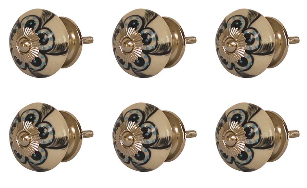 Bulk Wholesale Round Floral Motif Cupboard Knobs Set of 6 – Blue Dots & Gold-Tone Metal Detailing – Cabinets & Cupboard Hardware / Dresser Accessories