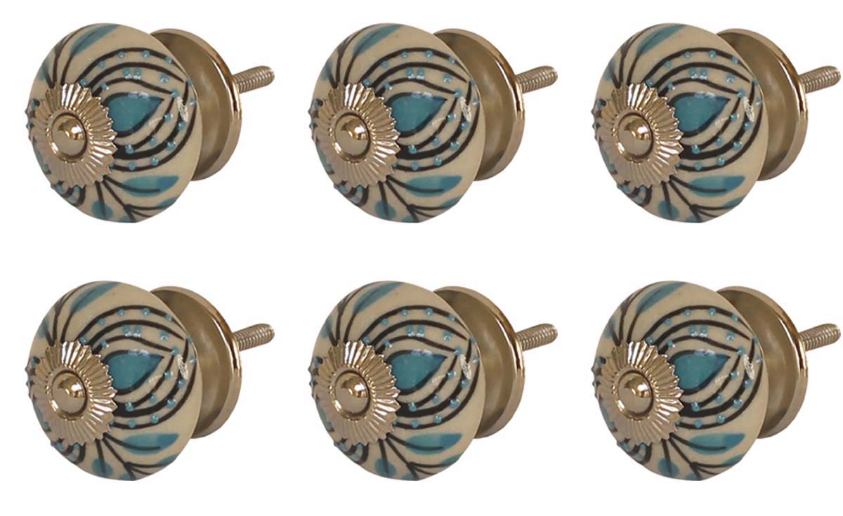 Bulk Wholesale Set of 6 Round Floral Motif Cupboard Knobs – Blue Dots & Gold-Tone Metal Detailing – Cabinets & Cupboard Hardware / Dresser Accessories