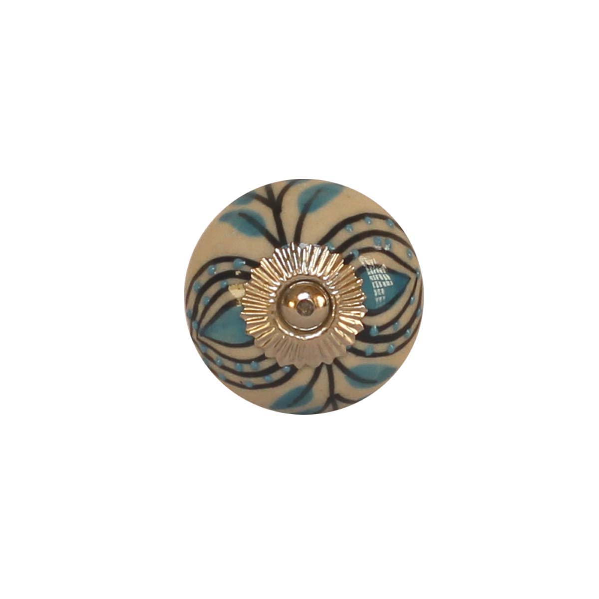 Bulk Wholesale Set of 6 Round Floral Motif Cupboard Knobs – Blue Dots & Gold-Tone Metal Detailing – Cabinets & Cupboard Hardware / Dresser Accessories