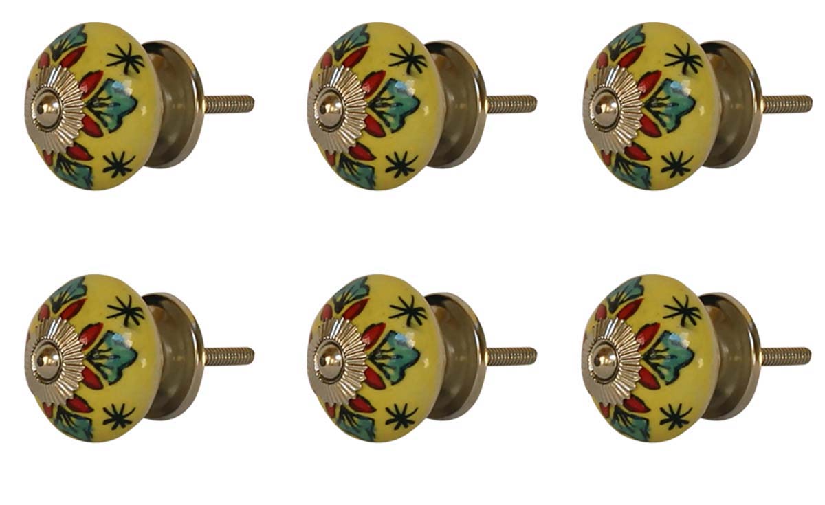 Bulk Wholesale Set of 6 Colorful Round Floral Motif Cupboard Knobs – Gold-Tone Metal Detailing – Cabinets & Cupboard Hardware / Dresser Accessories