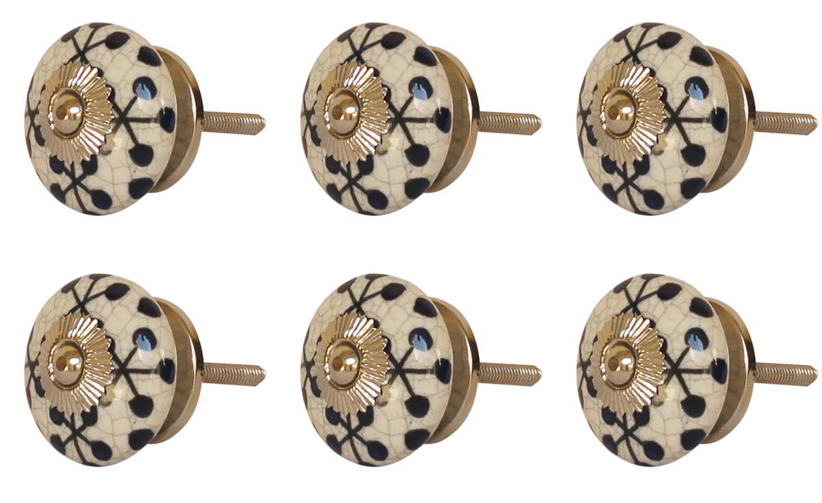 Bulk Wholesale Black & White Round Cupboard Knobs  Set of 6 – Glazed Crackle-Effect & Gold-Tone Metal Detailing – Cabinets & Cupboard Hardware / Dresser Accessories
