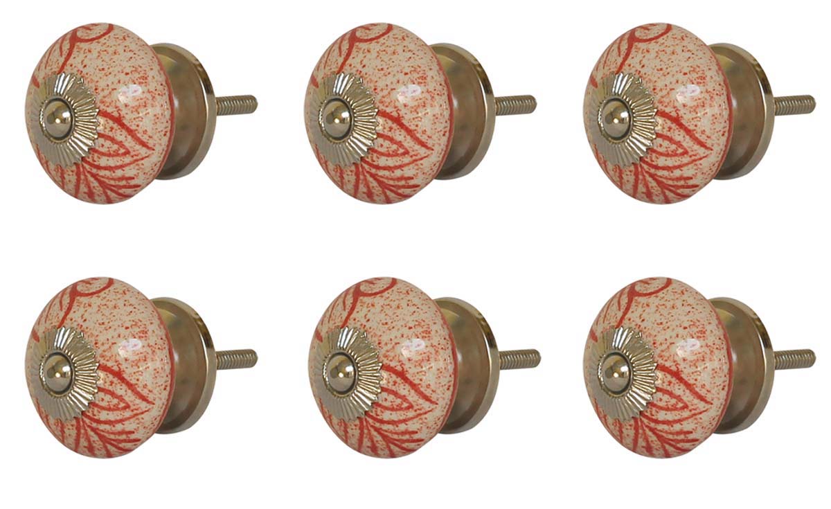 Bulk Wholesale White & Red Floral Motif Round Cupboard Knobs Set of 6 - Cabinets & Cupboard Hardware / Dresser Accessories