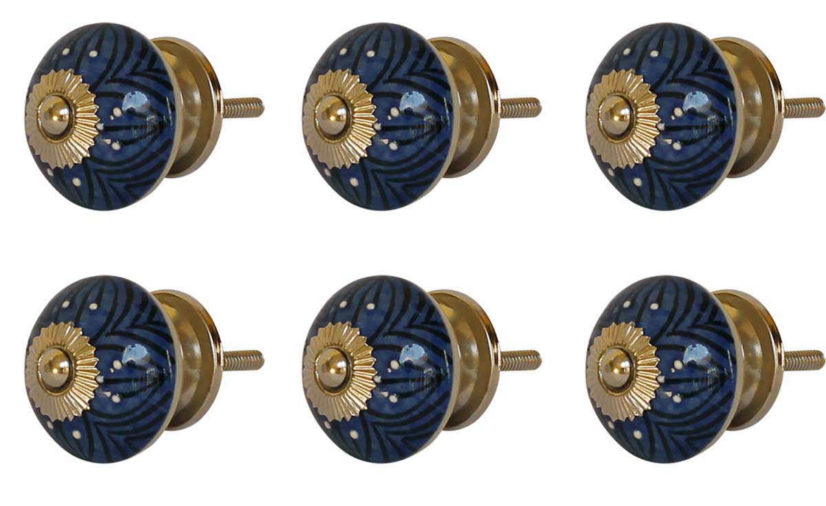 Bulk Wholesale Black & Blue Round Floral Motif Cupboard Knobs Set of 6 – Gold-Tone Metal Detailing – Cabinets & Cupboard Hardware / Dresser Accessories