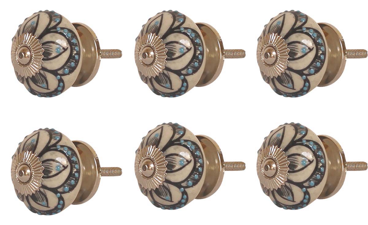 Bulk Wholesale Round Floral Motif Cupboard Knobs Set of 6 – Blue Dots & Gold-Tone Metal Detailing – Cabinets & Cupboard Hardware / Dresser Accessories