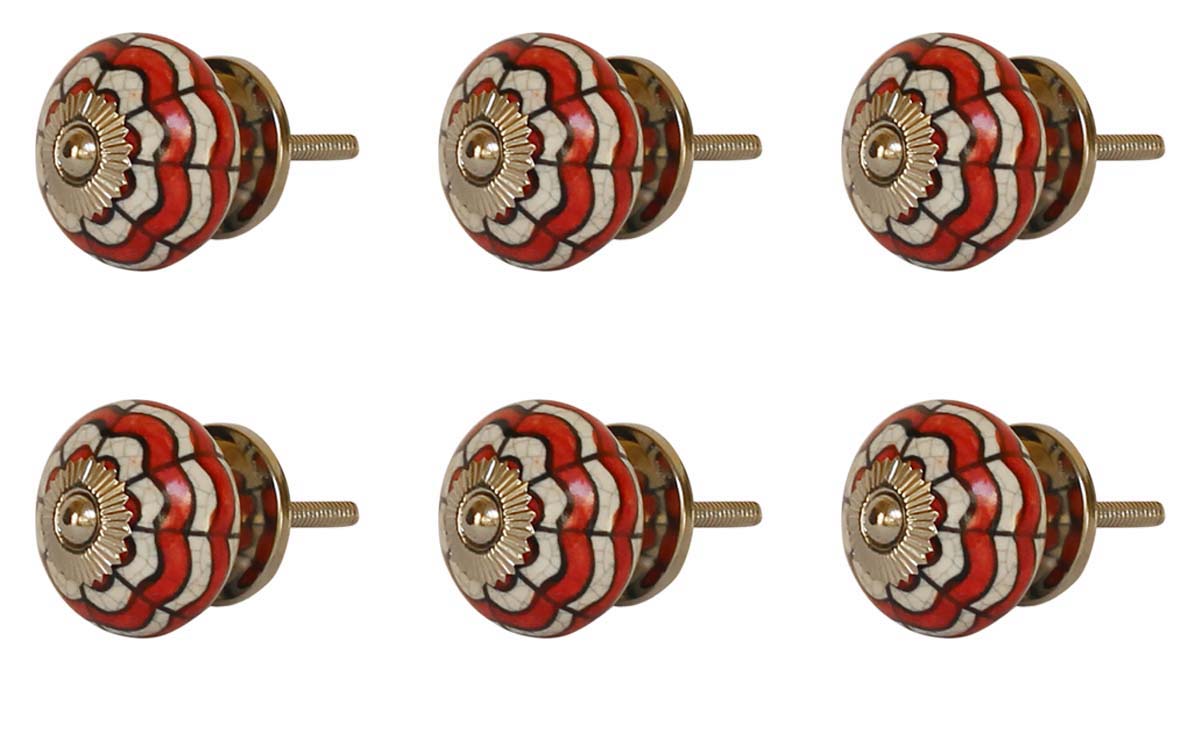 Bulk Wholesale Round Floral Motif Cupboard Knobs Set of 6 – Glazed Crackle-Effect – Cabinets & Cupboard Hardware / Dresser Accessories