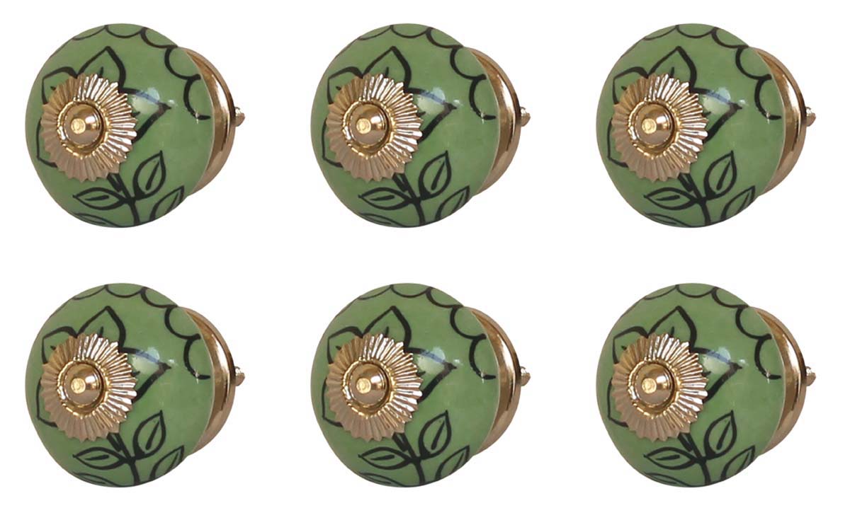 Bulk Wholesale Set of 6 Green & Black Round Ceramic Cupboard Knobs – Gold-Tone Metal Detailing - Cabinets & Cupboard Hardware / Dresser Accessories
