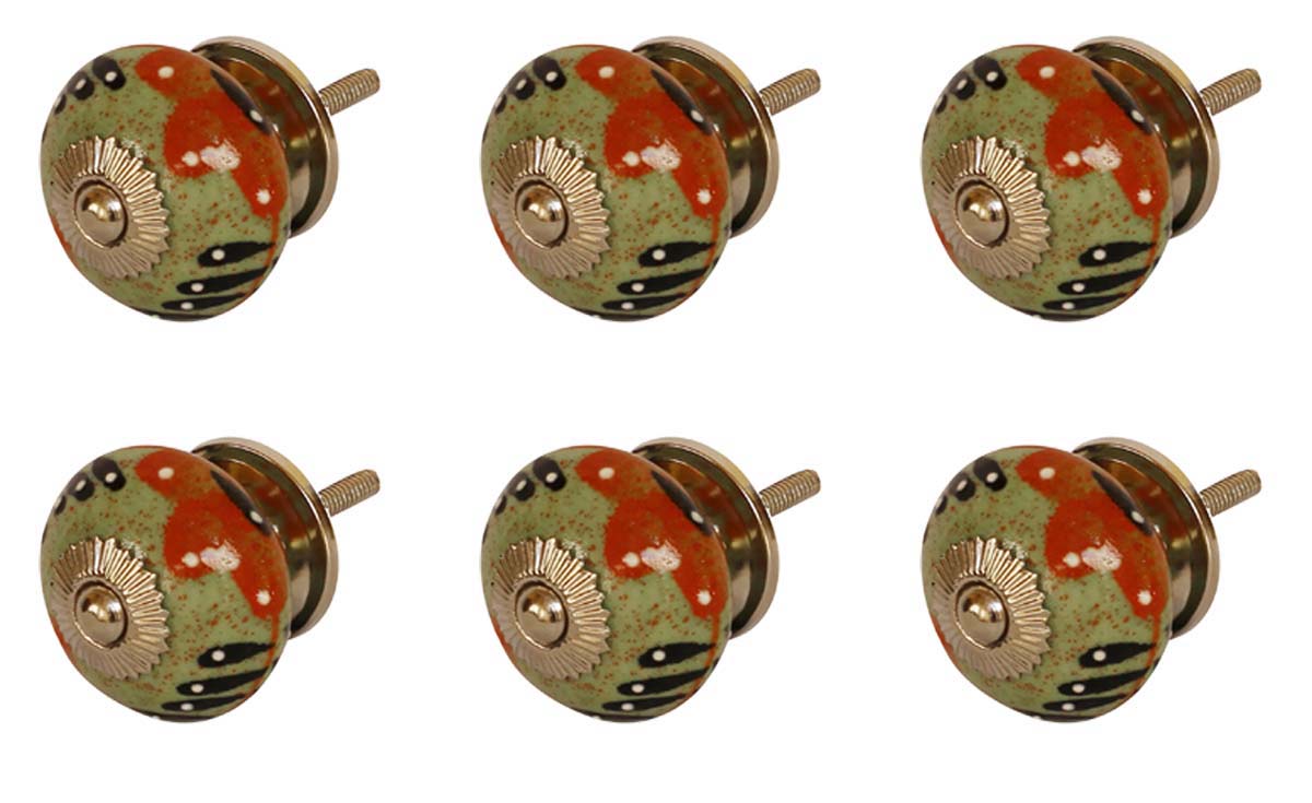 Bulk Wholesale Colorful Round Ceramic Cupboard Knobs Set of 6 - Green Red & Black - Cabinets & Cupboard Hardware / Dresser Accessories