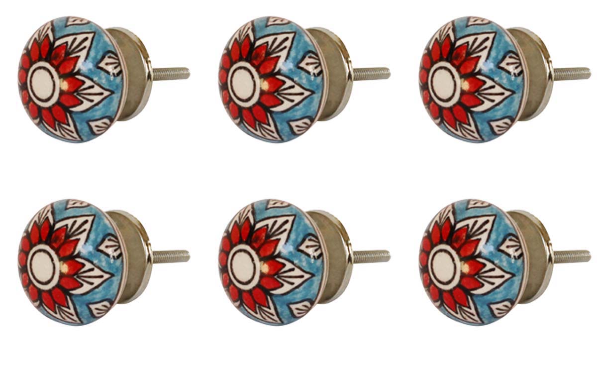 Bulk Wholesale Set of 6 Colorful Round Ceramic Cupboard Knobs – Blue Red & Black - Cabinets & Cupboard Hardware / Dresser Accessories