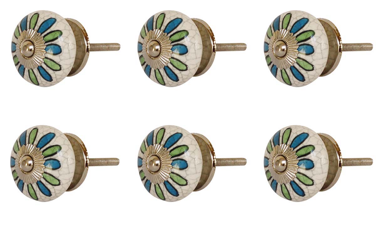 Bulk Wholesale Colorful Round Ceramic Cupboard Knobs Set of 6 – Gold-Tone Metal Detailing - Cabinets & Cupboard Hardware / Dresser Accessories