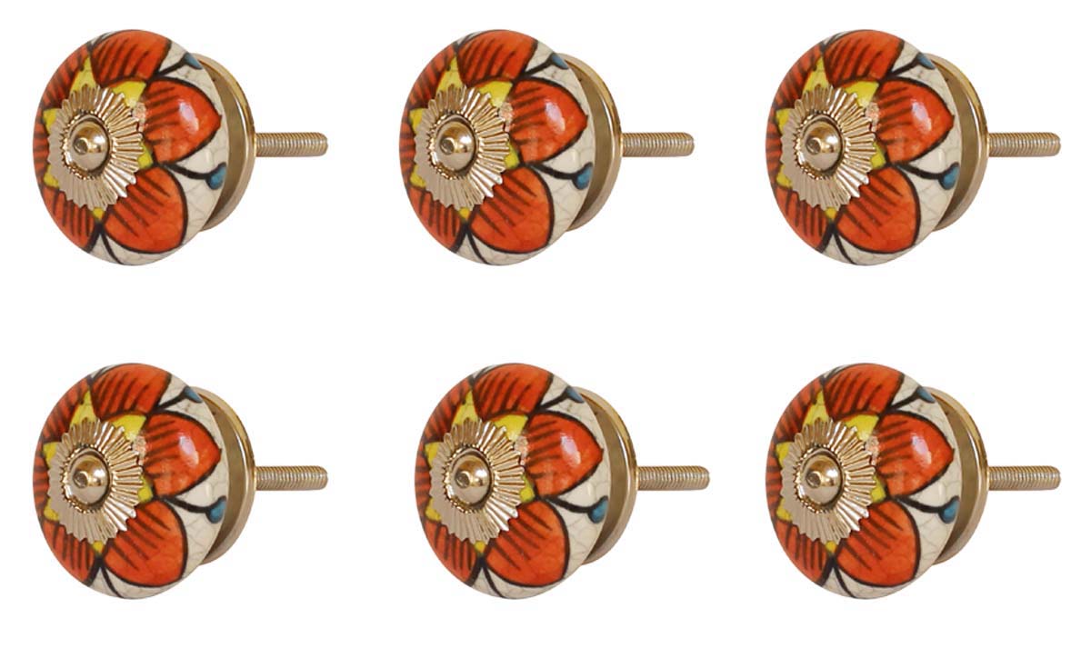 Bulk Wholesale Set of 6 Round Floral Motif Cupboard Knobs – Colorful & Gold-Tone Metal Detailing – Cabinets & Cupboard Hardware / Dresser Accessories