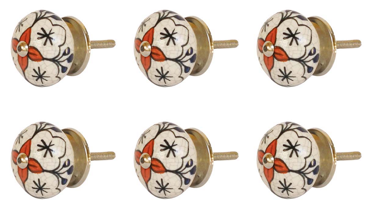 Bulk Wholesale Round Floral Motif Cupboard Knobs Set of 6 – Colorful & Gold-Tone Metal Detailing – Cabinets & Cupboard Hardware / Dresser Accessories