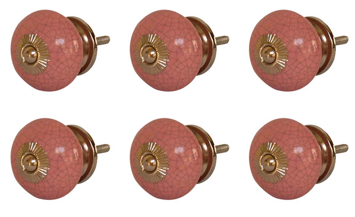 Bulk Wholesale Rose Quartz Round Cupboard Knobs Set of 6 – Glazed Crackle-Effect & Gold-Tone Metal Detailing – Cabinets & Cupboard Hardware / Dresser Accessories
