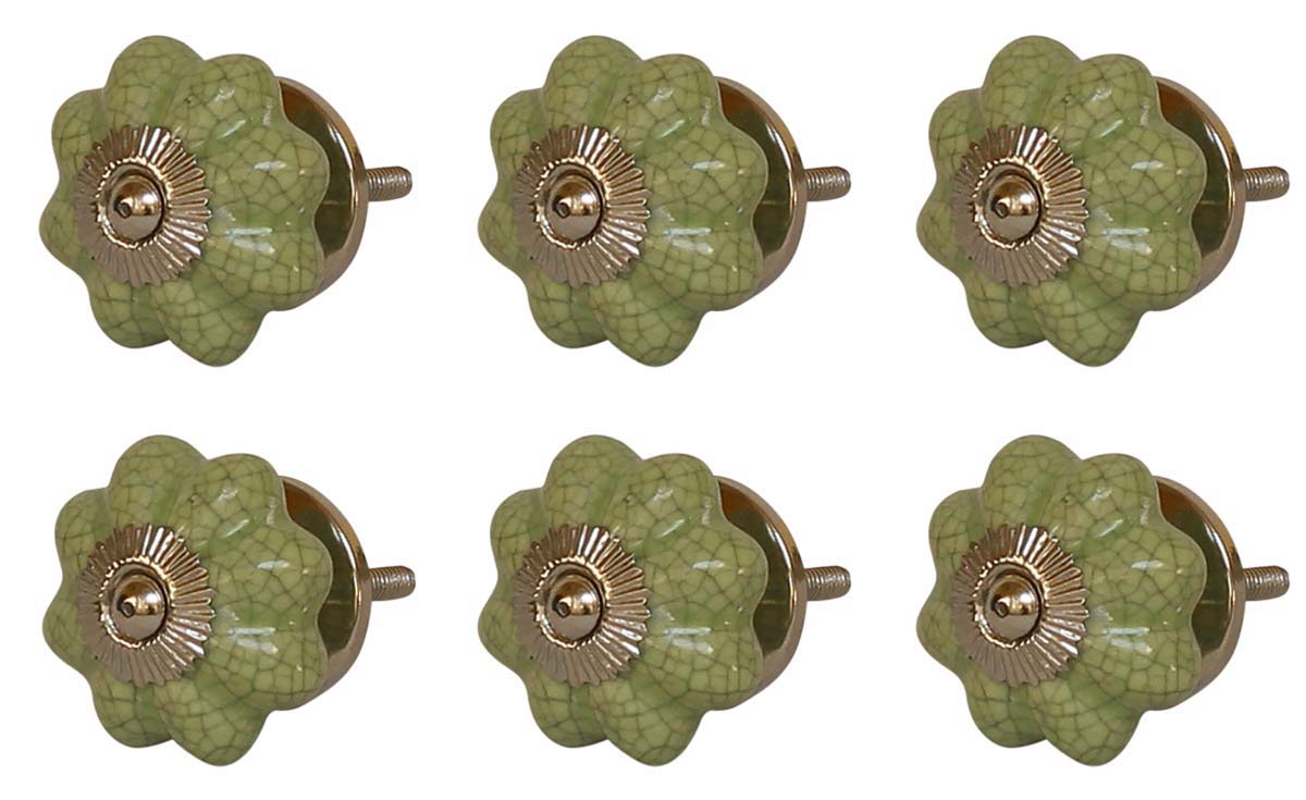Bulk Wholesale Pastel Green Melon Shaped Cupboard Knobs Set of 6  – Glazed Crackle-Effect & Gold-Tone Metal Detailing – Cabinets & Cupboard Hardware / Dresser Accessories