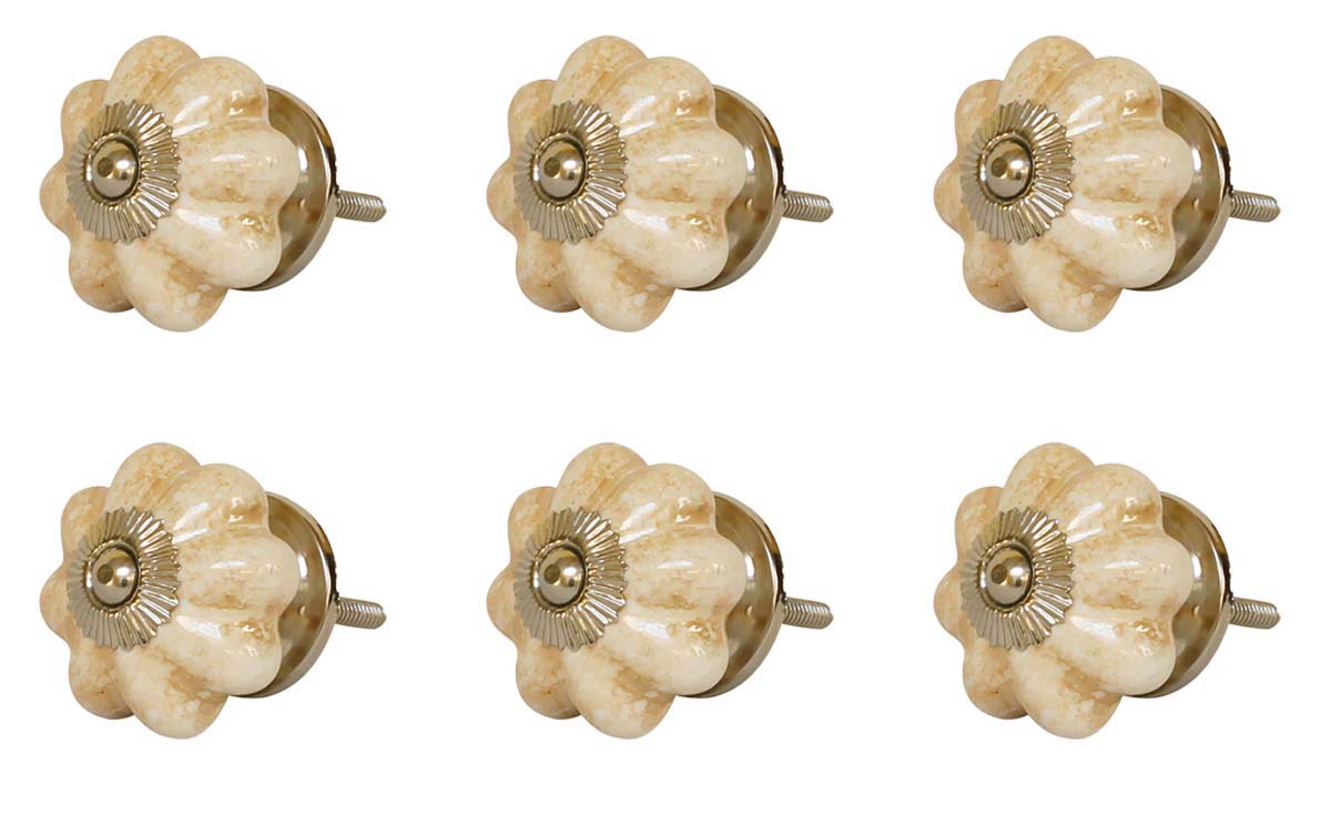 Bulk Wholesale Distressed Cream Brown Melon Shaped Cupboard Knobs Set of 6 – Glazed - Gold-Tone Metal Detailing – Cabinets & Cupboard Hardware / Dresser Accessories